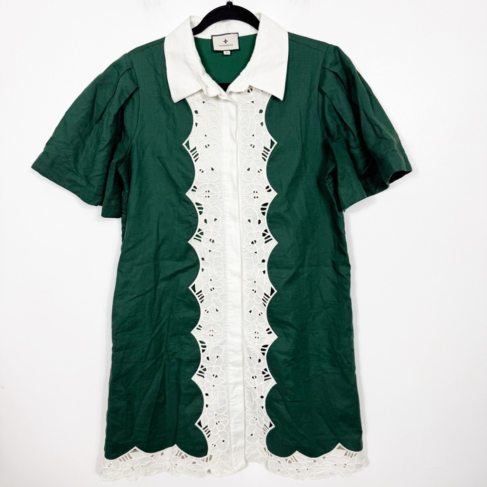 Tuckernuck Dark Green Eyelet Trim Cotton Linen Delilah Dress Size Medium - Picture 2 of 7